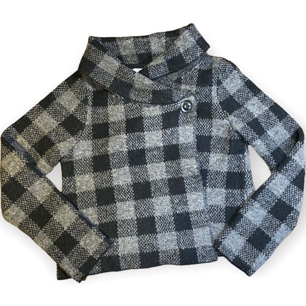 Ellen Tracy Black & Grey Gingham Cropped Wool Sweater Size Large